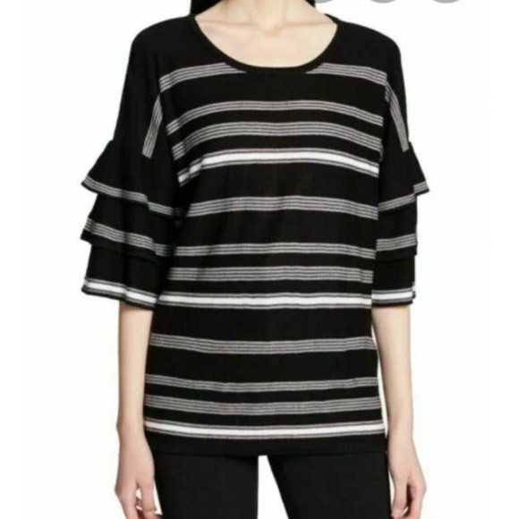 Calvin Klein Black & White Stripe Ruffled Bell Sleeve Scoop Neck Tunic Sweater - Picture 3 of 12